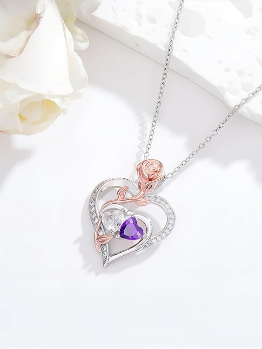 Rose Flower Heart Pendant for Women Birthday Gifts 18k Gold Plated Mother Daughter Necklace with 12 Months Birthstone Christmas Valentines Day Gifts for Her Mom Anniversarry Jewelry for Mom Wife Girlfriend