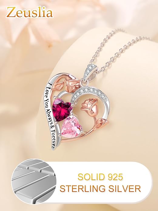 Valentine's Day Gifts for Wife 925 Sterling Silver Double Birthstone Pendant Necklaces I Love You for Always and Forever Necklace Anniversary Birthday Gifts for Wife Girlfriend Mom Her