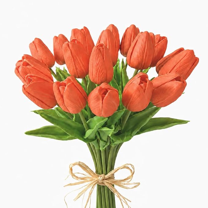 Mandy's 20pcs Artificial Dark Orange Tulips | 13.5 Inch Lifelike PU Tulips Faux by Mandys