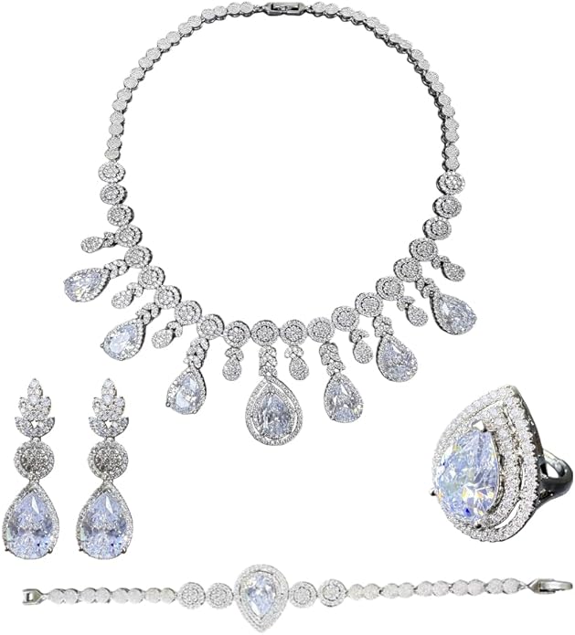 Rhinestone Wedding Bridal Jewelry Set Women's Prom Style Emerald Teardrop Necklace, Earrings, Bracelet, Ring Wedding Bridesmaid Gift Pairs With Evening Gowns