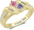 Personalized Heart Birthstone Rings for Women with 2 Birthstones Custom Name Rings for Couple Mother Daughter Jewelry Gift for Mother Her Christmas