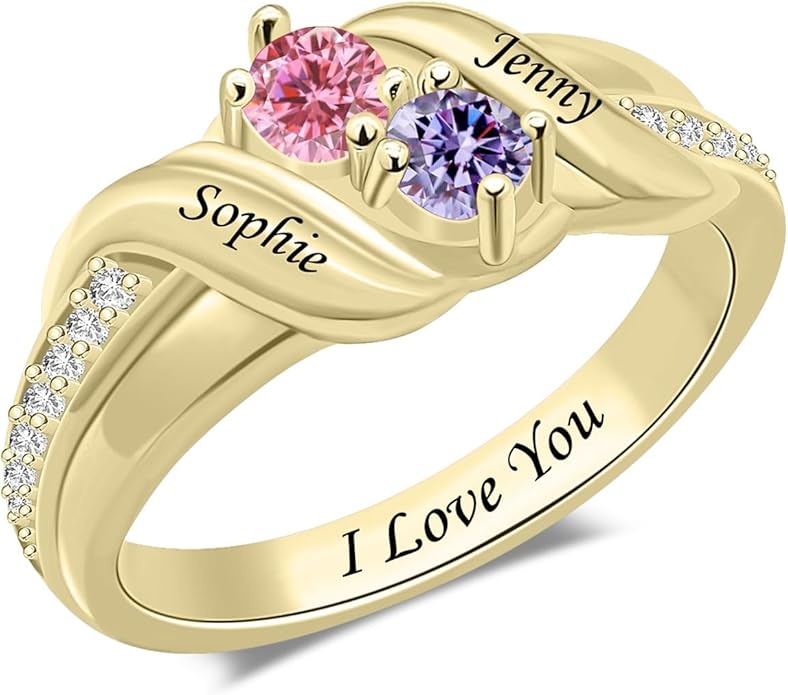 Personalized Heart Birthstone Rings for Women with 2 Birthstones Custom Name Rings for Couple Mother Daughter Jewelry Gift for Mother Her Christmas