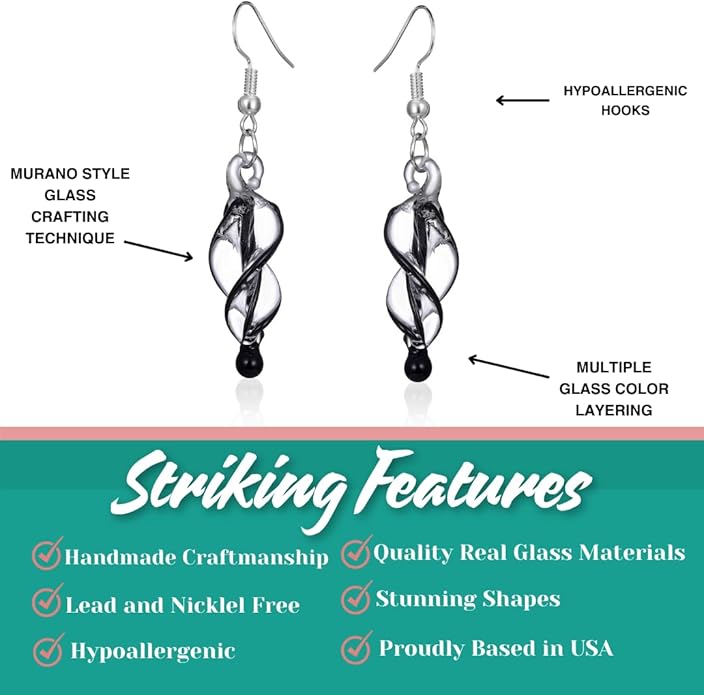 BESHEEK Handmade Earrings Murano Glass Inspired Unique Blue Purple Black Tornado Twirl Glass Dangle Drop Earrings for Women Hypoallergenic Earrings Jewelry