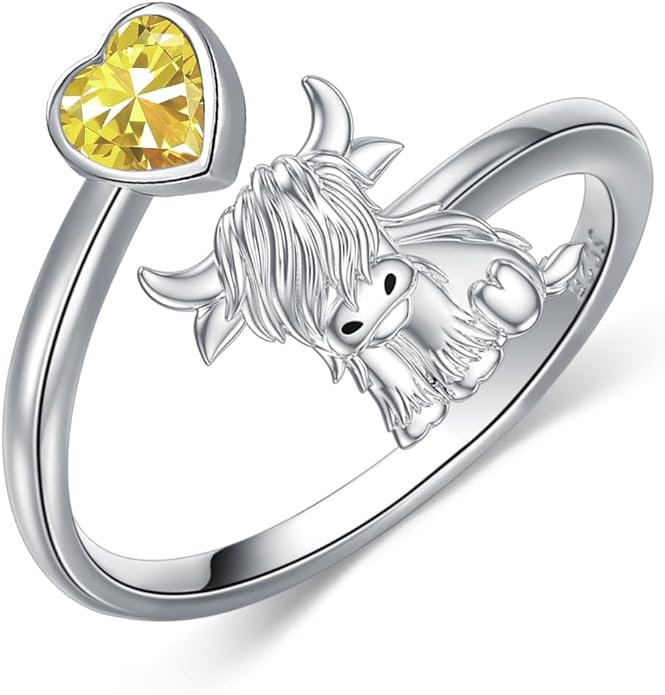 Highland Cow Ring 925 Sterling Silver Adjustable Ring Birthstone Ring Engraved Name Highland Cow Gifts Jewelry for Women