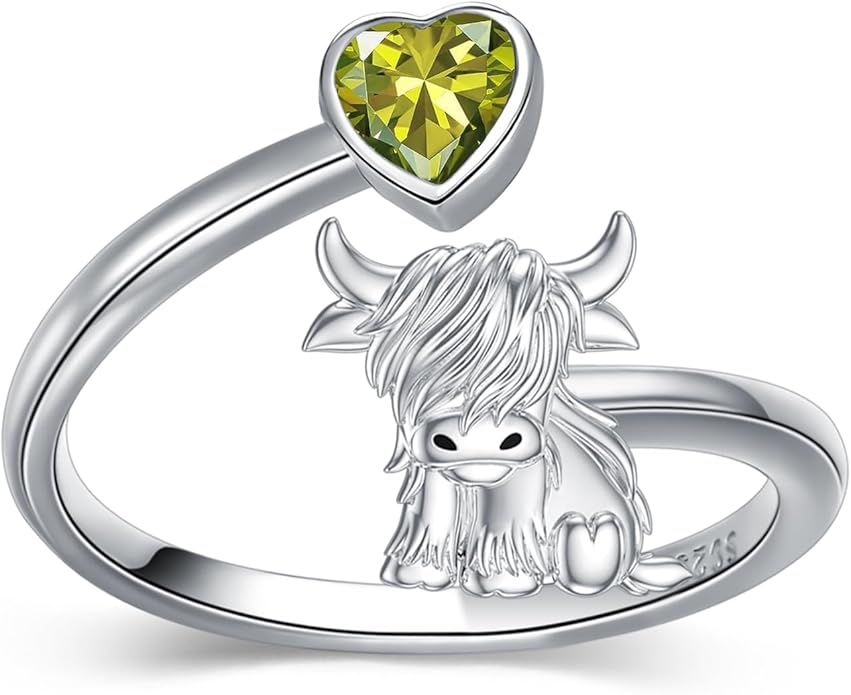 Highland Cow Ring 925 Sterling Silver Adjustable Ring Birthstone Ring Engraved Name Highland Cow Gifts Jewelry for Women