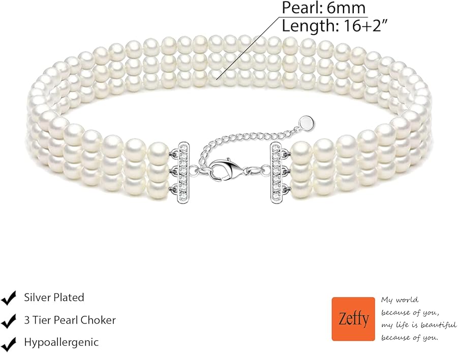 Zeffy Pearl Necklace 4MM/6MM/8MM Dainty Round Imitation Pearl Choker Necklace Wedding Pearl Necklace Delicate Jewelry for Women Simple Bridesmaid Jewelry Gifts