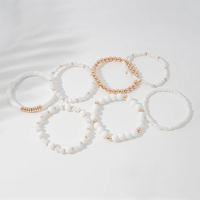 GOOJIDS Surfer Heishi Clay Bead Bracelets for Women Bohemian Stackable Gold Plated Beaded Stretch Bracelets Elastic Layering Friendship Bracelets Set Boho Jewelry
