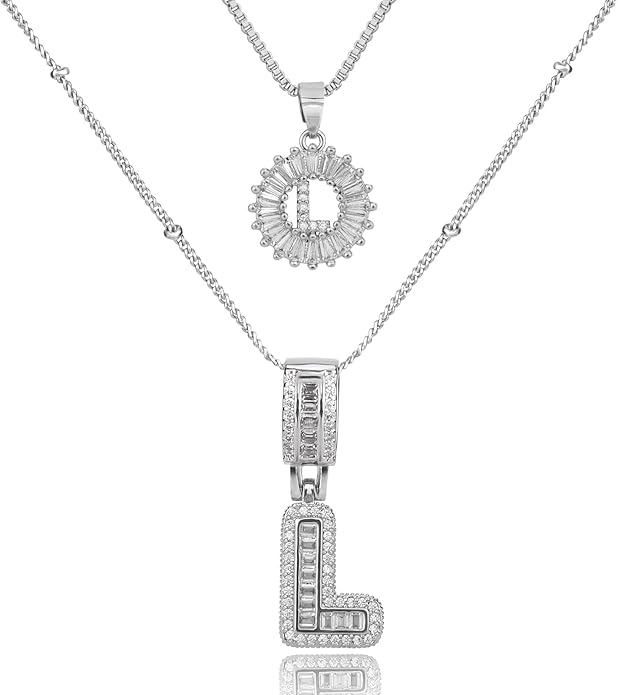 Initial Letter Necklace for Women 14k White Gold Silver Plated Dainty Necklaces Trendy Chunky Custom Layered Necklace Set Personalized Round Circle Zirconia A-Z Letter Chain Pendant Jewelry Gift