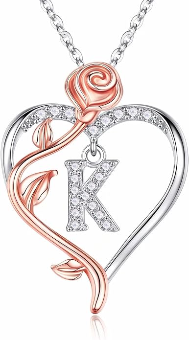 Iefil Valentines Day Gifts for Her - 925 Sterling Silver Rose Heart Initial Necklace, Anniversary Birthday Gifts for Women, Jewelry Gift for Her Wife Girlfriend
