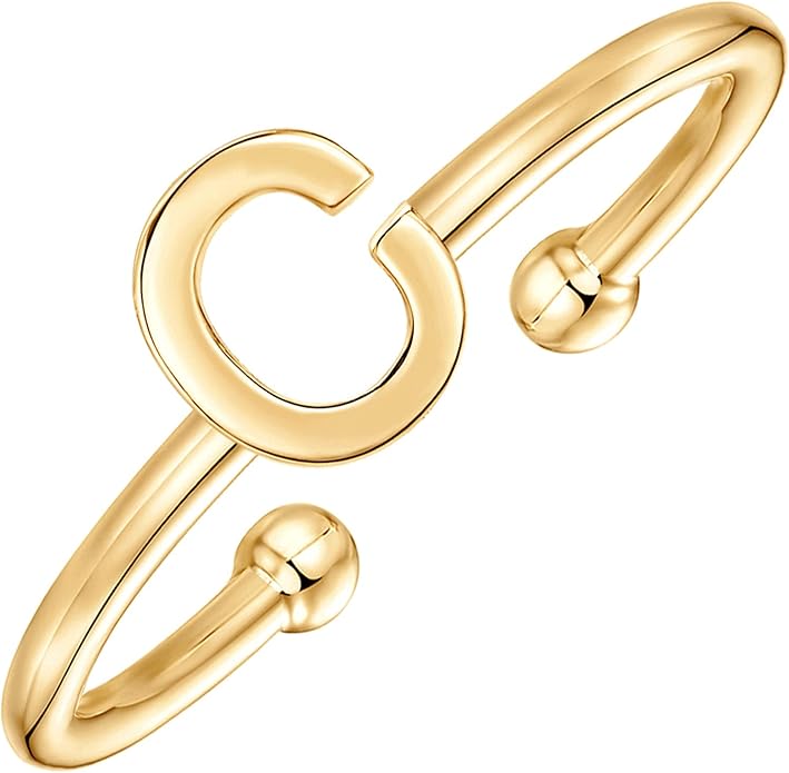 PAVOI 14K Gold Plated Initial Letter Adjustable Ring for Women - Thin Initial Band - Dainty Fashion Jewelry Gifts