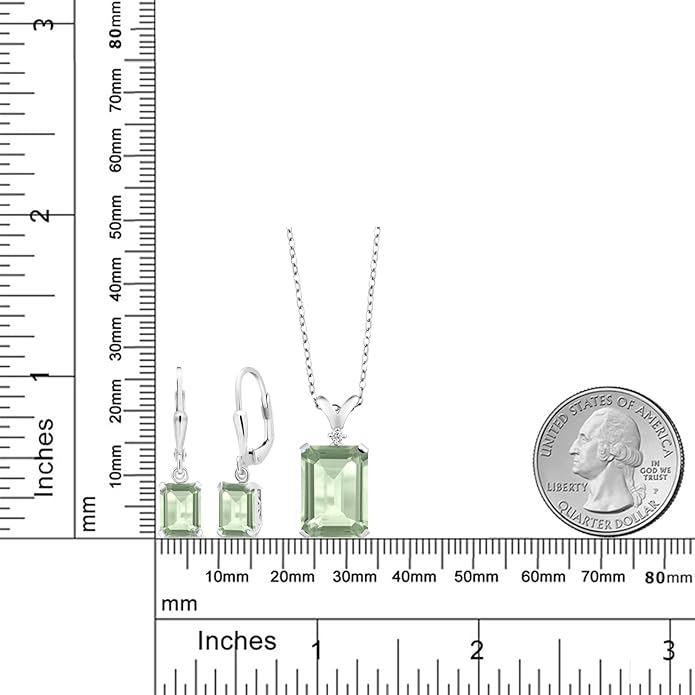Gem Stone King 9-13 Cttw Pendant and Earrings Jewelry Set For Women | Emerald Cut 14X10MM and 8X6MM | Round 1.5MM | Gemstone Birthstone and Diamond | 925 Sterling Silver | 18 Inch Silver Chain