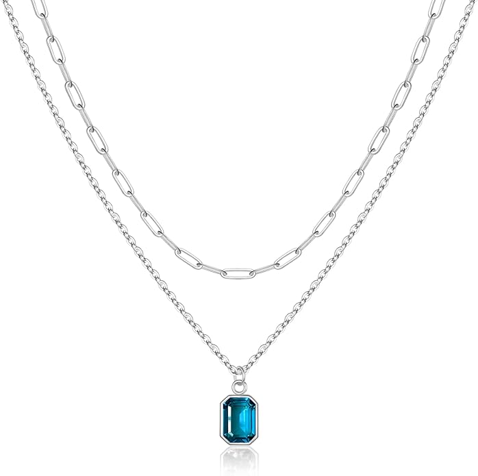 Layered Birthstone Necklace for Women Girls, 14K Gold-Plated Paperclip Chain Choker Necklace with Rectangle Birthstone Pendant Birthday Gifts for Women Girls Dainty Small