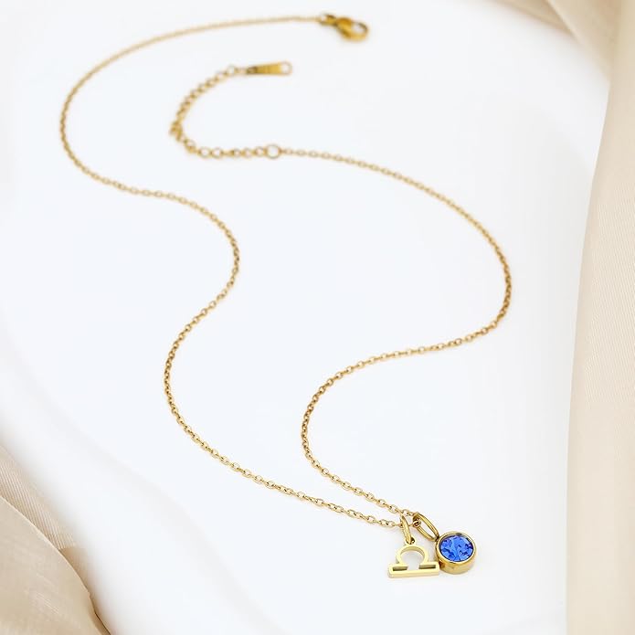 MISS RIGHT Initial Birthstone Necklace for Women - Personalized Gifts Birthday Gifts for Women Stainless Steel 18K Gold Plated Dainty Gold Zodiac Sign 12 Constellation Horoscope Necklace Jewelry