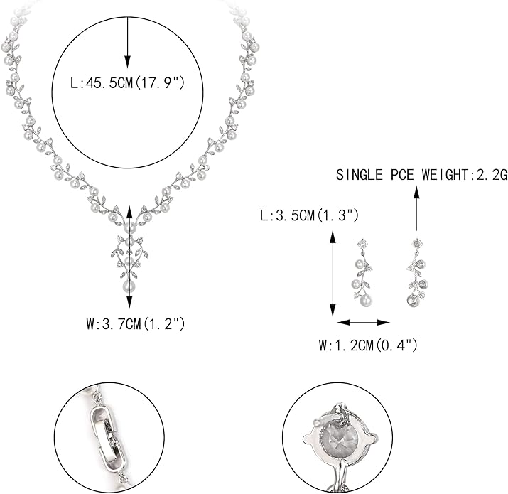 EVER FAITH Bridal Cubic Zirconia Jewelry Sets for Women, White Simulated Pearl Leaf Vine Pendant Wedding Party Necklace Earrings Set for Bridesmaid Bride