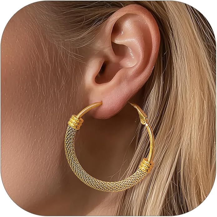 KeyStyle Mesh Hoop Earrings for Women, Stainless Steel Gold Hoops Earring Lightweight Loops, 2MM Thick Hypoallergenic Circle Endless Hollow Hoop 20mm-80mm