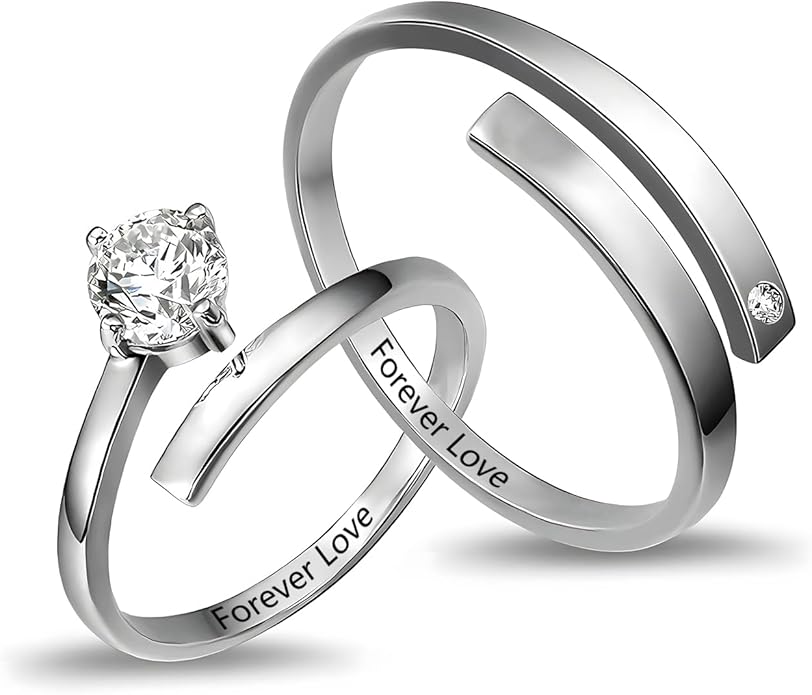 Personalized Couple Rings Engraved with Names - Adjustable Matching Promise Rings Set with Cubic Zirconia, Romantic Gift for Her/Him, Wedding, Anniversary, Valentine's Day (No Size Worry)