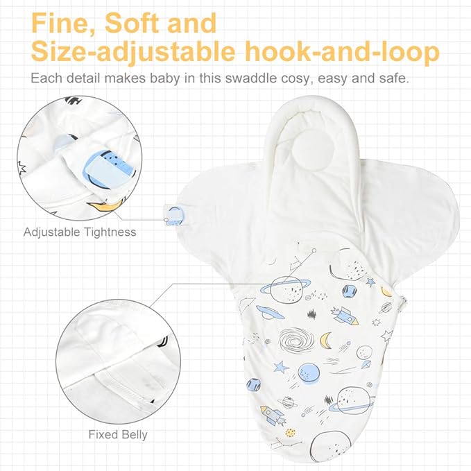 Premium Soft Cotton Baby Swaddle Blankets, Unisex Baby Blanket Wrap for Newborn Baby Boys Girls, Skin Friendly Wearable Swaddling Sleep Sack Calms Startle Reflex (Planet, White, 3-6 Months)