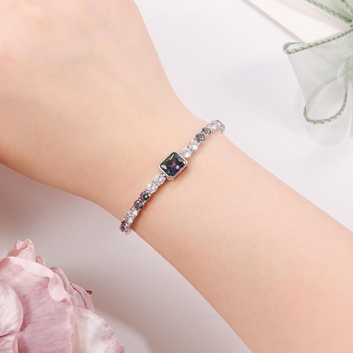 Birthstone Bracelets for Women Birthday Gifts 4CT Radiant Cut Birthstone 4mm Sterling Silver White Gold Tennis Bracelets for Women Round Cut 5A Cubic Zirconia Bezel Setting 7 Inch