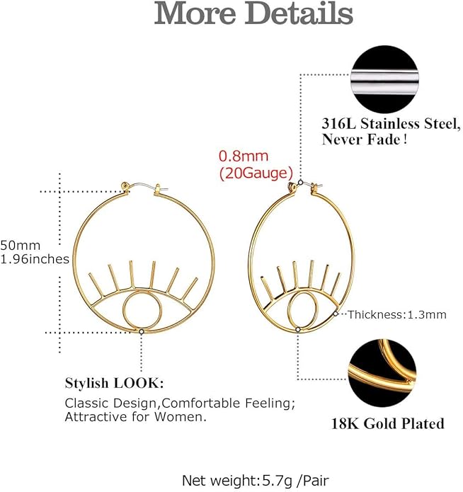 FOCALOOK Gold Eye Earrings for Women 14K Gold Plated Dangle Abstract Evil Eye Hoop Earrings