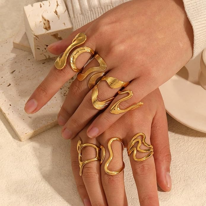 Chunky Rings For Women, Gold Silver Thumb Ring Asymmetrical Wavy Curve Ring Adjustable Non Tarnish Dainty Stainless Steel New Year Anniversary Birthday Jewelry Gift