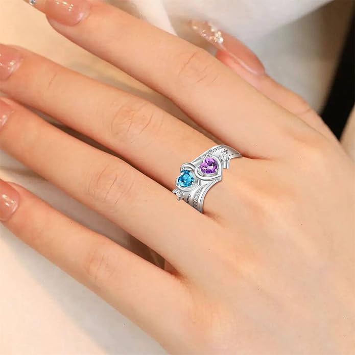 Personalized Heart Birthstone Rings for Women with 2 Birthstones Custom Name Rings for Couple Mother Daughter Jewelry Gift for Mother Her Christmas