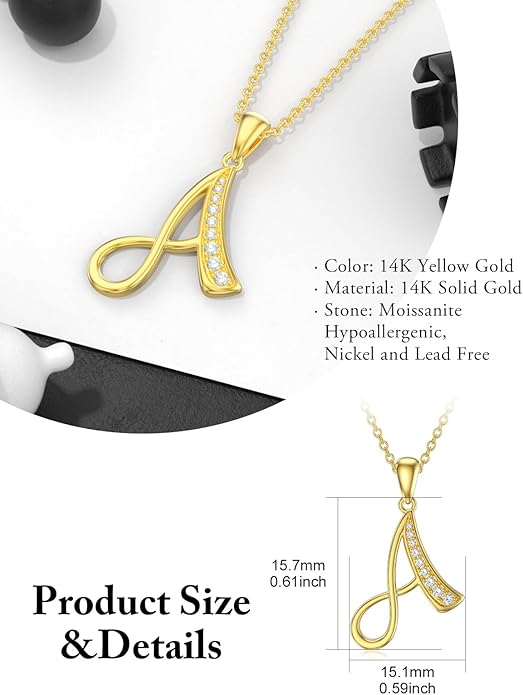 14k Gold Initial Necklace for Women, Solid Gold Moissanite Letter Pendant Necklaces Jewelry for Her Birthday Valentines Day Gifts for Mom Wife Christmas Gifts for Girlfriend Sister