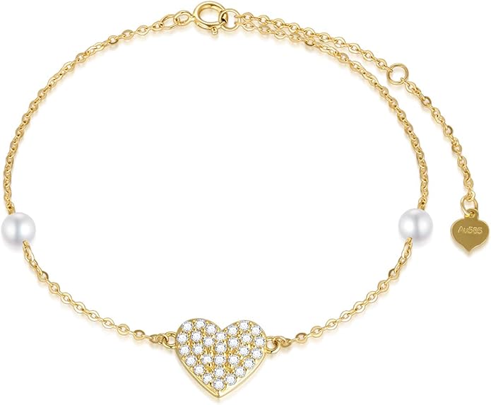 14k Gold Heart Anklet for Women, Real Gold Pearl Love Jewelry Ankle Bracelets Gifts for Wife/Girlfriend, Present for Her, 8.6"-10.2"