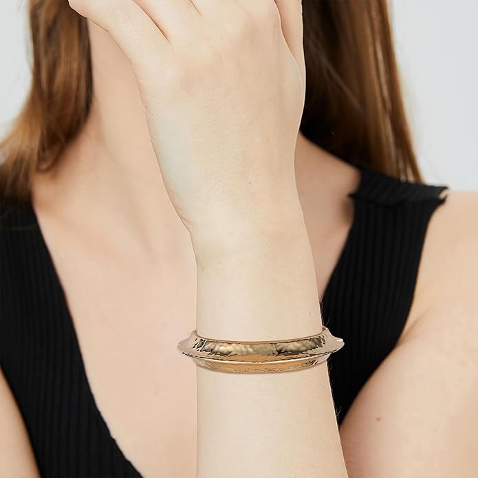 HZMAN 18K Gold Plated Wide Cuff Bracelet for Women - Premium Alloy Shiny Polished Double Layer Statement Bangle, Trendy Daily Wear Party Jewelry Accessory