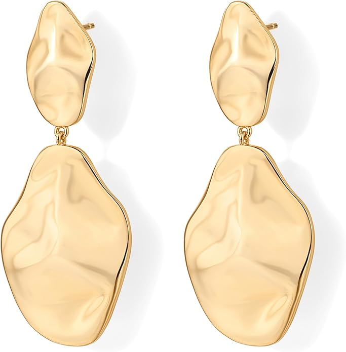 PAVOI 14K Gold Plated 925 Sterling Silver Posts Teardrop Statement Dangle Earrings | Lightweight Hammered Drop Dangle Earrings for Women