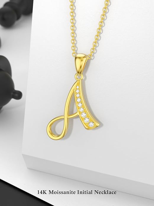 14k Gold Initial Necklace for Women, Solid Gold Moissanite Letter Pendant Necklaces Jewelry for Her Birthday Valentines Day Gifts for Mom Wife Christmas Gifts for Girlfriend Sister