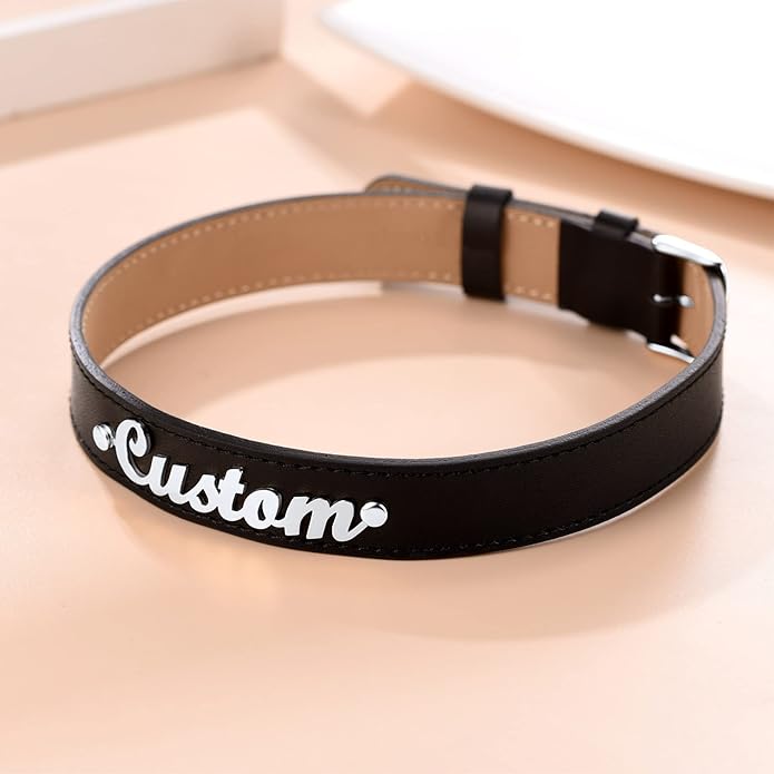 Custom4U Personalized Black Leather Choker Necklace with Picture/Name/Initials/Letters Charm,Custom Made Adjustable Choker Collar Gothic Punk Necklaces Jewelry Gifts for Women