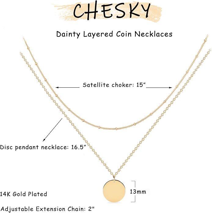 CHESKY 14k Gold Plated/Silver Plated Dainty Necklace for Women, Trendy Satellite Choker Necklace Thin Beaded Layered Choker Necklaces Discs Paperclip Chain Necklaces Womens Simple Jewelry