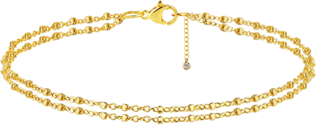 Anklets for Women 14K Gold Silver Plated Ankle Bracelets Trendy Waterproof Boho Anklets Set Adjustable Dainty Cute Diamond Beaded Heart Non Tarnish Summer Beach Jewelry Gift