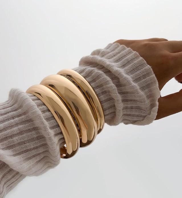 Chunky Gold Bangle Bracelets for Women, Dainty 14k Gold Plated Big Stackable Bangles Set, Trendy Statement Cuff Bracelet Stack Fashion Jewelry Christmas Gifts