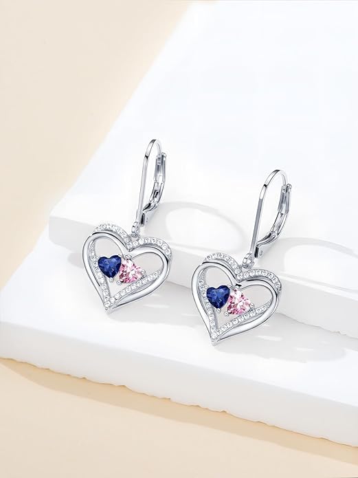Valentines Day Gifts for Women, Heart Leverback Earrings Double Birthstone Dangle Earrings for Women, Love Jewelry for Her, Anniversary Birthday Gift for Mom Wife Girlfriend