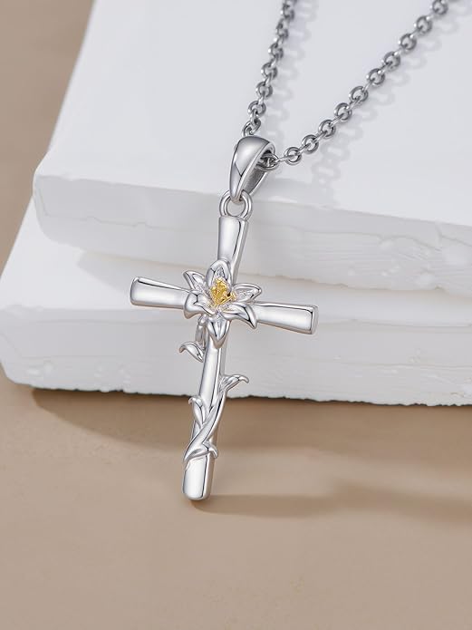 Flower Necklace Sunflower/Violet/Daffodil Necklace Sterling Silver Flower Cross Pendant Jewelry Gifts for Women