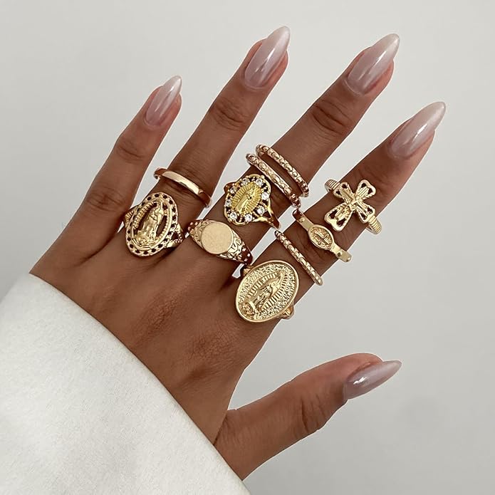 Chunky Gold Rings for Women Rhinestone Stackable Knuckle Ring Set Open Adjustable Statement Ring Set Dainty Crown Cross Midi Rings Fashion Jewelry Gift for Women