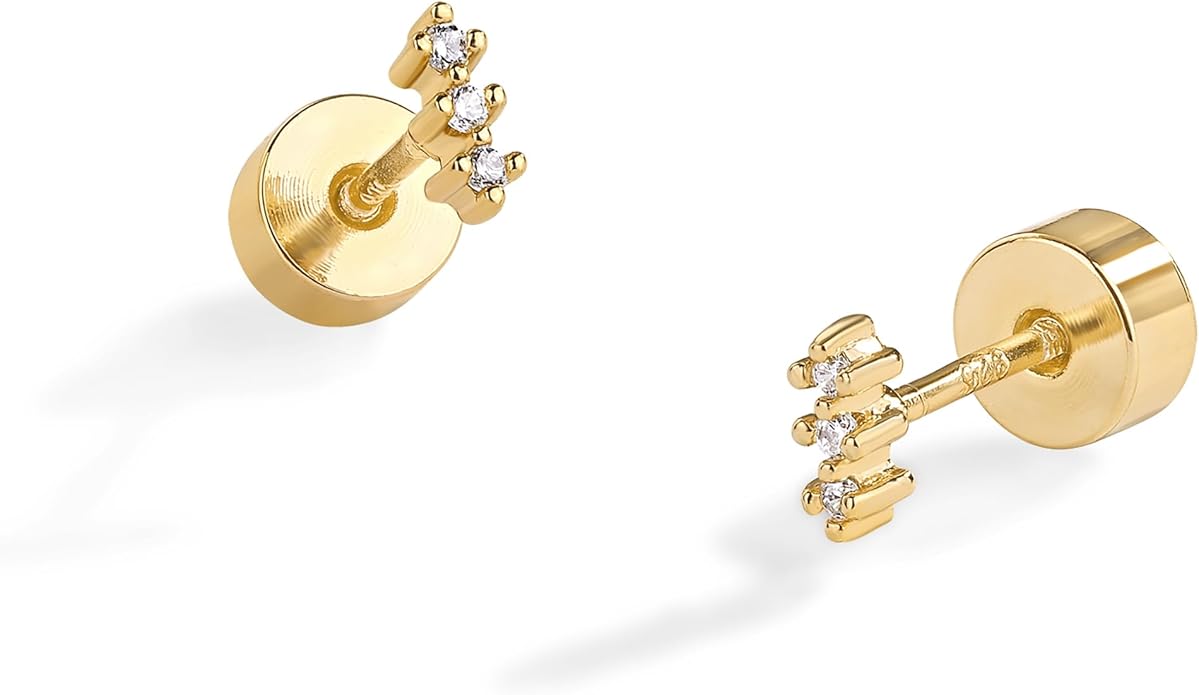 PAVOI 14K Gold Plated 925 Sterling Silver Posts Mini Stud Flat Back Earrings for Women | Helix Cartilage Piercing Jewelry | Dainty Pearl Star Cluster Cubic Zirconia Lotus Climber Screw Backs