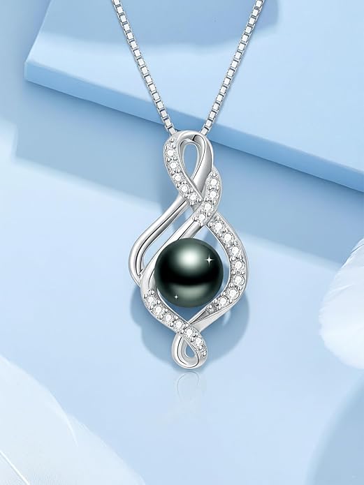 Tahitian Black Pearl 18K White Gold Plated Sterling Silver Heart/Infinity/Four Leaf Clover Pendant Necklace Jewelry Gifts for Women Wife Mom Girlfriend Wedding Birthday Anniversary Christmas