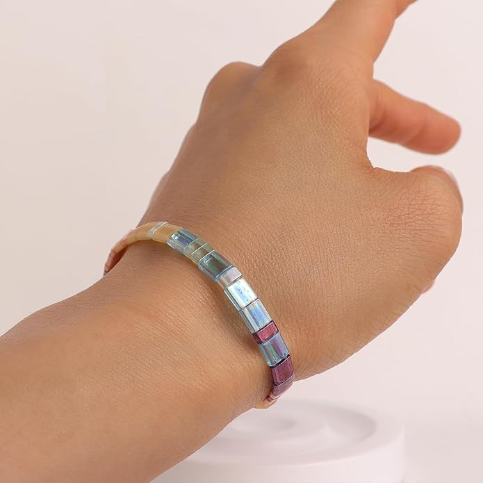 Sonateomber Tila Flat Beaded Stretch Bracelets for Women, Trendy Unique Colorful Square Beads Handmade Stack Bracelet Friendship Accessories Fashion Jewelry Gift