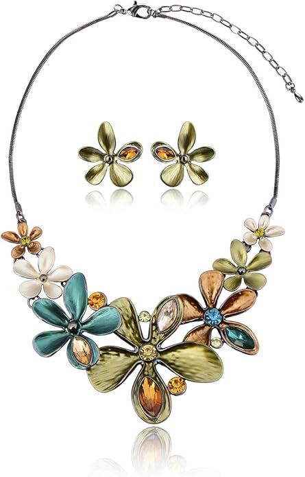 AMYJANE Vintage Statement Jewelry Set - Spring Leaf Flower Floral Plant Necklace Earring Set Crystal Rhinestone Fashion Costume Jewelry for Women Prom Party Unique Gift