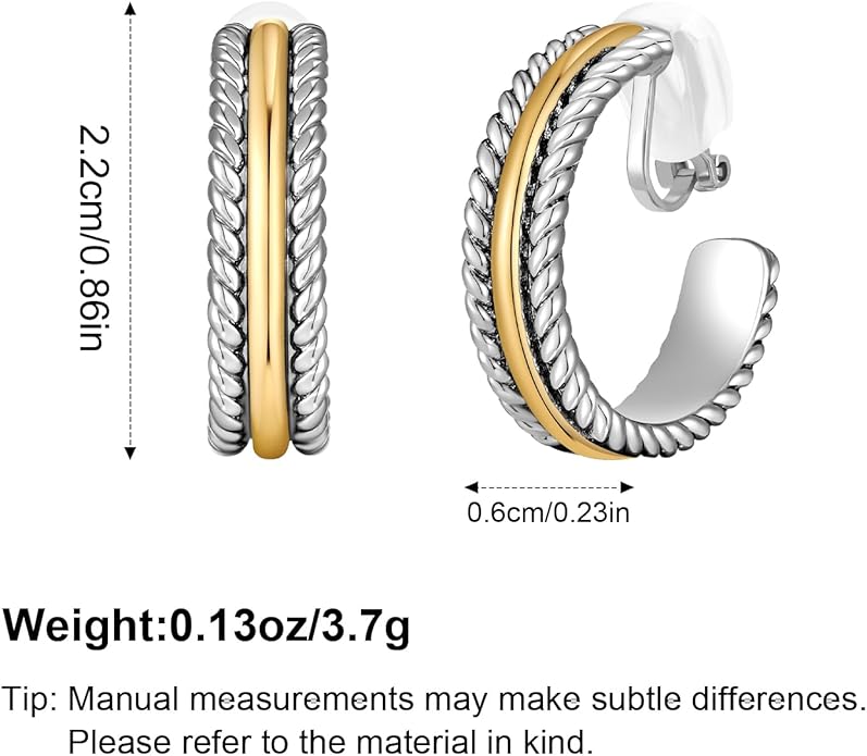 Gold and Silver Mixed Metal Clip-On Earrings Two Tone Clip-On Earrings Chunky Twist Open Hoops Earring Fashion Jewelry