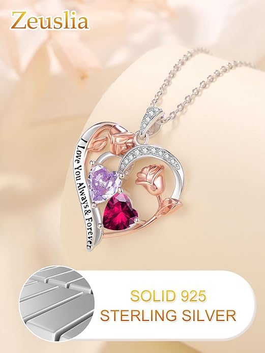 Valentine's Day Gifts for Wife 925 Sterling Silver Double Birthstone Pendant Necklaces I Love You for Always and Forever Necklace Anniversary Birthday Gifts for Wife Girlfriend Mom Her
