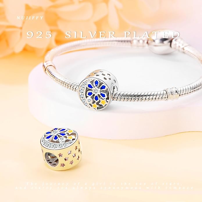 925 Sterling Silver Charms Bead for Bracelets Necklaces, Star Moon Crescent Sun Solar Pendent, Blue Ocean Starfish Shells Turtle Crab Starry Sea Cute Jewelry Birthday Gifts for Women Men