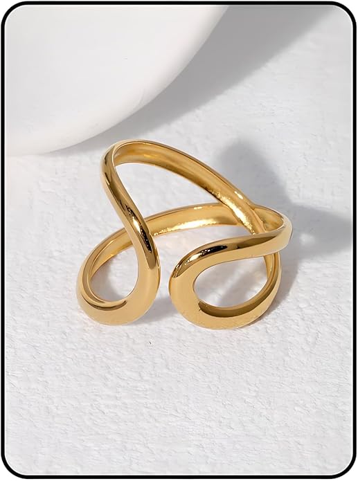 Chunky Rings For Women, Gold Silver Thumb Ring Asymmetrical Wavy Curve Ring Adjustable Non Tarnish Dainty Stainless Steel New Year Anniversary Birthday Jewelry Gift