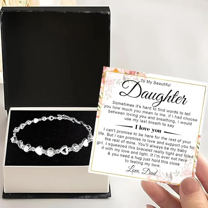 To My Daughter Bracelet, Silver Heart Chain Bracelet with Shiny Stones, Perfect Birthday or Graduation Christmas Gift for Daughter with Message Card and Gift Box