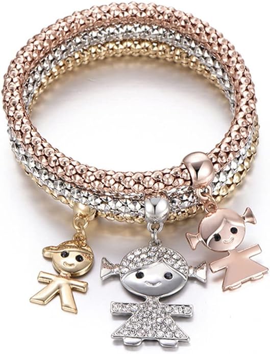 Crystal Charms Multilayer Bracelets - 3PCS Gold/Silver/Rose Gold Corn Chain Bracelet for Women, Tree of Life Heart Shaped Stretch Bracelet