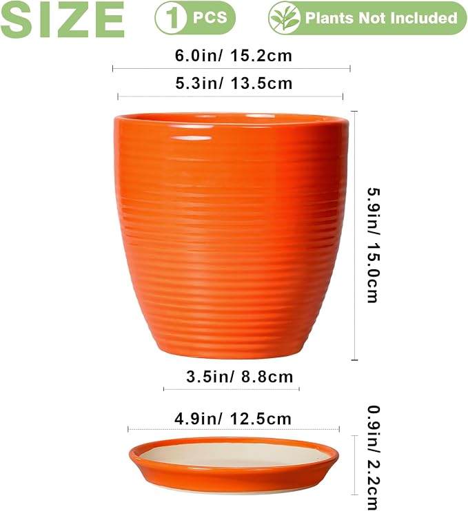6 Inch Ceramic Plant Pots with Drainage Hole and Saucer, Flower Pot Indoor - Image 2