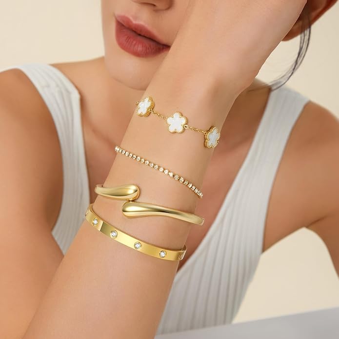 PDWZNBA 18K Gold-Plated Bracelet Set – Floral Clover, Tennis, Chunky Adjustable Twist Cuff, Classic Gold-plated Bangle Stainless Steel, Non Tarnish, Stackable Bracelet Gift for Women