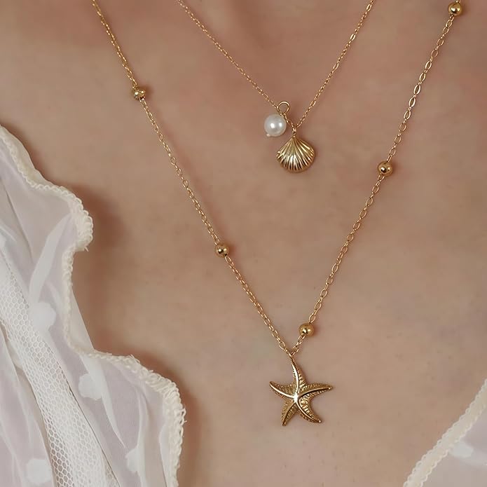 Shell Starfish Necklace for Women, 14k Gold Plated Boho Layered Beaded Charm Pendant Necklace, Dainty Adjustable Pearl Conch Summer Beach Vacation Jewelry Gifts